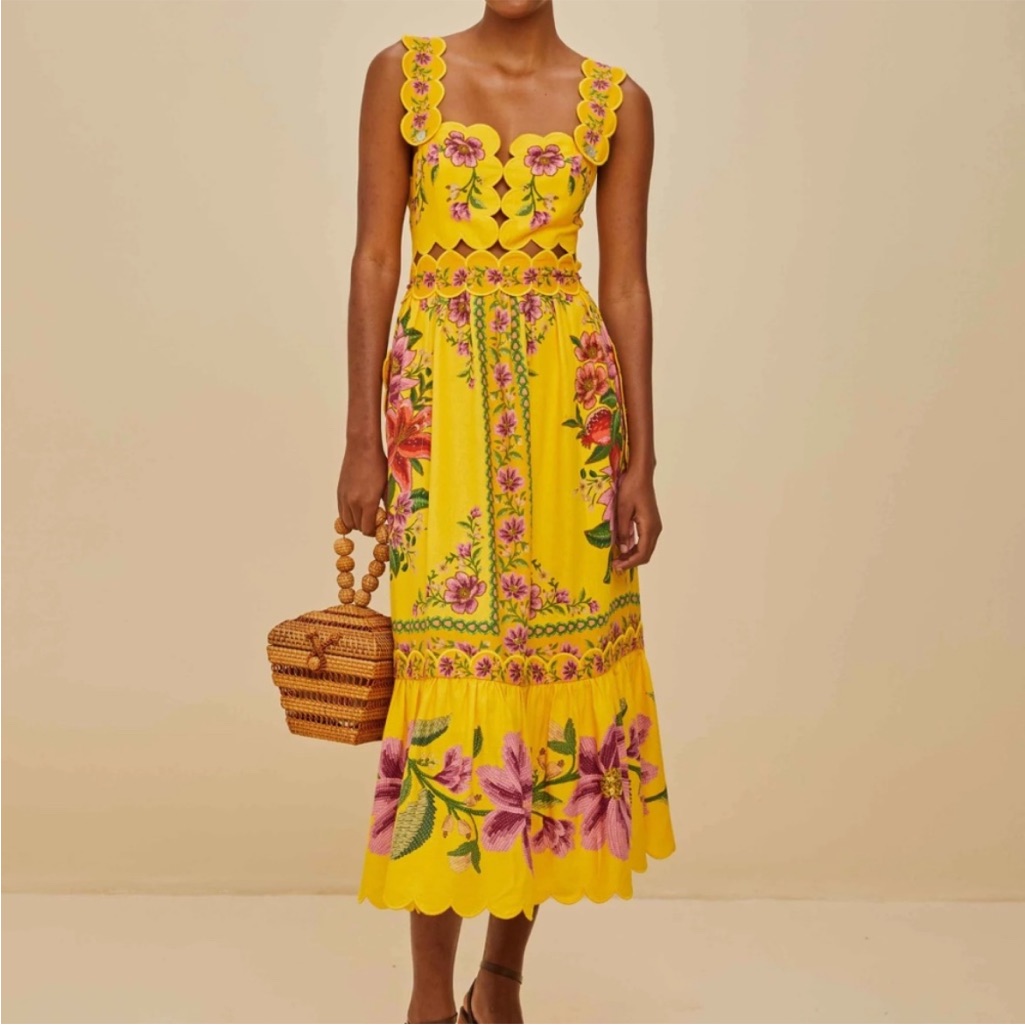 Farm Rio Yellow Summer Fruit Scarf Midi Dress Size M Medium Nwt